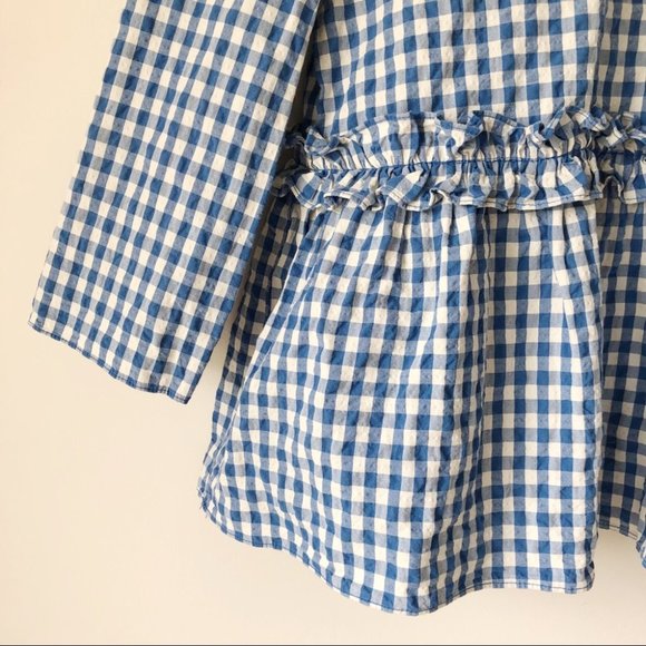 Zara Gingham White Blue Check Ruffle Top Crew Neck - Picture 5 of 9